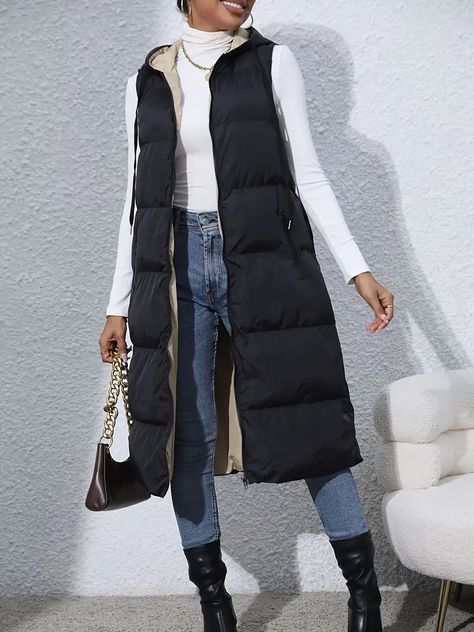 $27 long puffy vest for winter in style Long Black Vest Outfit, Puffer Vest Outfit Street Style, Long Puffer Vest Outfit, Vest Outfits For Women Winter, Long Vest Outfits For Women, Winter Vest Outfits, Black Puffer Vest Outfit, Long Black Hoodie, Long Vest Outfit