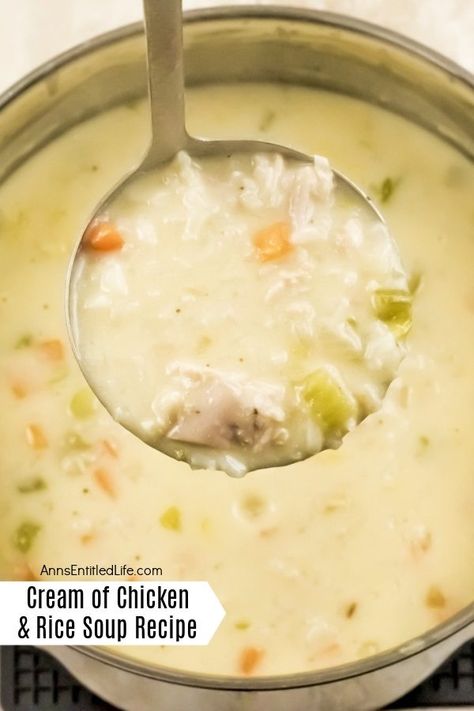 Cream of Chicken and Rice Soup Recipe. This cream of chicken and rice soup is a great use of leftover chicken! It is full of vegetables and a secret ingredient that makes this soup rich and flavorful. When you are craving a delicious chicken soup, make this wonderful recipe. Cream Of Chicken Soup And Rice, Cream Of Chicken With Rice Soup, Chicken Rice And Cream Of Chicken Soup, Rice Cream Of Chicken Soup, Cream Of Chicken Rice Soup Recipes, Chicken Soup With Cream Of Chicken, Cream Chicken Rice Soup, Cream Of Chicken Soup With Rice, Creamy Chicken Rice Soup Recipes