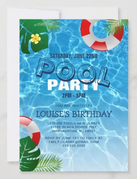 Cool Pool Party | Swimming Birthday Invitation Who does'nt love a pool party? This invitation oozes summer with it's crystal clear aqua blue water, gentle ripples enticing you in for a swim or splash around to cool off. The design is decorated with tropical green foliage leaves, a bright tropical yellow flower and traditional inflatable rings. It's modern template includes a fun 'POOL PARTY' title and is created using navy blue and white font. All text is easily customized and has matching items Summer Birthday Party Invitations, Pool Birthday Invitations, Pool Party Invitation Template, Summer Birthday Invitations, Sports Birthday Invitations, Pool Party Birthday Invitations, Summer Party Invitations, Pool Party Decorations, Pool Birthday