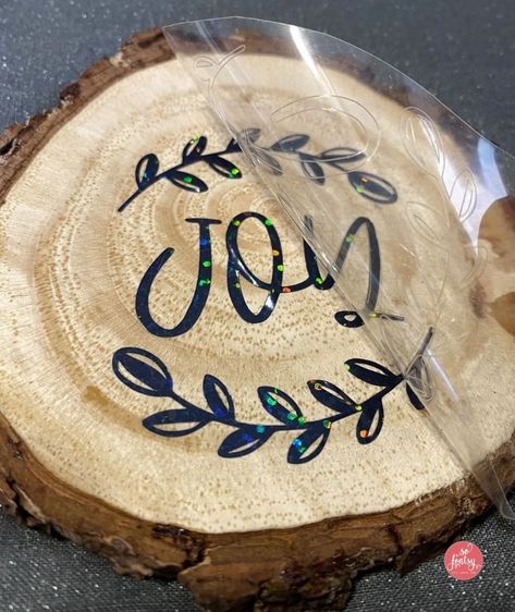 HTV On Wood Slice Ornaments Using Cricut Easy Press - So Fontsy Wood Slice Name Tags, Round Slabs Of Wood Ideas, Wood Ornaments Diy Tree Slices Vinyl, Ornaments Using Cricut, Wooden Slices Ideas, Htv On Wood, Cricut Easy Press 2, Mod Podge On Wood, Jingle Bells Diy