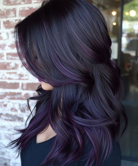 Trendy Highlights For Black Hair Purple Highlights On Black Hair, Trendy Highlights For Black Hair, Caramel Honey Blonde, Plum Highlights, Subtle Lowlights, Highlights For Black Hair, Trendy Highlights, Black Hair With Highlights, Hair Growing