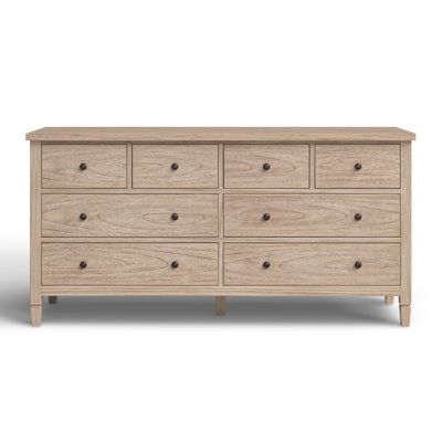 This 8-drawer double dresser brings vintage-inspired charm and plenty of storage space to any bedroom aesthetic, from traditional to coastal. Its frame is made from solid and engineered wood, and it showcases a warm, weathered finish that lets you see the natural variations in the wood grain. The eight drawers on smooth, ball-bearing glides offer lots of room to tuck away sweaters and shirts in your bedroom or extra linens and towels in your guest room. We also love how the bronze hardware and c Best Furniture Stores, 8 Drawer Dresser, Wreath Wall Decor, Mantel Shelf, 3 Drawer Dresser, 3 Drawer Nightstand, 9 Drawer Dresser, Curtain Hardware, Double Dresser