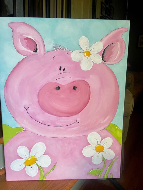 Easy pig canvas painting Pig Painting Easy, Mother Daughter Painting Ideas, Pig Canvas Painting, Mother Daughter Painting, Workshop Activities, Painting With Kids, After School Art, Pig Painting, Pig Family