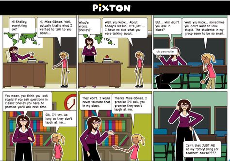 MODULE 2- MY ACTIVITY. Comic title: Just Like Me:This comic was created as a way to reflect on student's behaviour and how similar to them, we, as teachers, may be at times. Not being confident enough may lead to abnormal attitude which, in many cases, are just a matter of personality: shy kids may suffer a lot in class if teachers are not aware of their individuality. Providing them with a safe, confident, approachable atmosphere is our duty.Comics help...http://www.pixton.com/es/comic/rdbpsh98 Comic Strip Ideas Student, Comic Strip Drawing Ideas, Strip Drawing, Comic Title, Speech Act, Comic Script, Shy Kids, Being Confident, Teacher And Student