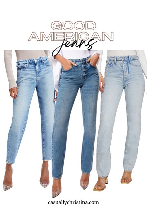 Affordable Washed Blue Tapered Leg Jeans, Good American Jeans Outfits, American Bazi Jeans, Good American Classic Jeans, Good American Jeans, Sweaters Outfit, Old Navy Jean Jacket, American Jeans, Outfit Jeans