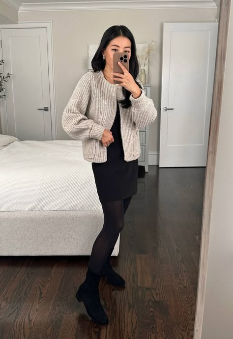 petite cozy chic holiday outfit // black mini skirt + tights with sock ankle booties + cozy oversized cardigan Black Sock Boots Outfit, Sock Booties Outfit, Sock Boots Outfit, Sweater Skirt Outfit, Sock Ankle Boots, Boots Outfit Ankle, Booties Outfit, Straight Cut Jeans, Causal Outfits