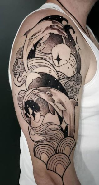 Dolphin Tattoo Sleeve, Dolphin Sleeve Tattoo, Traditional Dolphin Tattoo, Tattoos Dolphin, Tattoo Dolphin, Dolphin Tattoo Design, Dolphin Tattoos, Beach Inspired Tattoos, Beach Tattoo Ideas