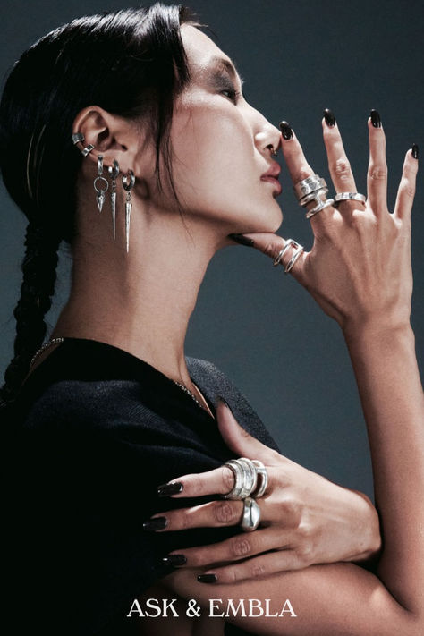 An image of a the profile of an asian woman holding her hand up as she showcases S925 rings and alternative jewelry stacks from Ask & Embla. Cyberpunk Earrings, Cool Ear Piercings, Dr Shoes, Alternative Jewelry, Body Adornment, Ear Stack, Funky Jewelry, Studs Earrings, Unisex Jewelry