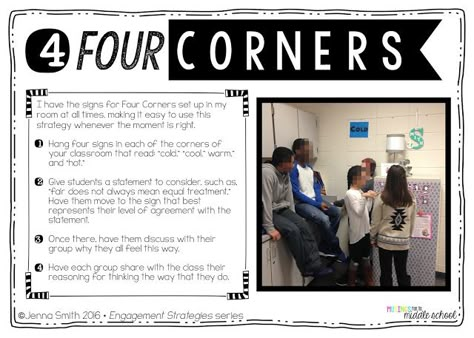 Musings from the Middle School: Strategy #4 - Four Corners (Engagement Strategies Series) Middle School Language Arts, Social Studies Classroom, Middle School Reading, Engagement Strategies, Instructional Strategies, Instructional Coaching, Education Level, Middle School Classroom, Teaching Social Studies