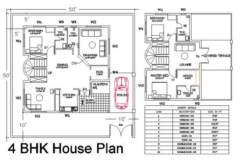 The architecture 50X50 house ground floor and first floor plan with all furniture layout drawing door window joinery details. the residence house consist 3 bedrooms, modular kitchen, dining area, drawing room, family lounge, prayer room, car parking porch and all side open space with compound wall. download 2500 square feet house plan drawing DWG file. 50x50 House Plans Layout, 50x50 House Plans, Window Joinery, Art Deco House Plans, Two Story Entryway, House Plan Drawing, Country Chic Living Room, Tampa Apartments, Las Vegas Apartments