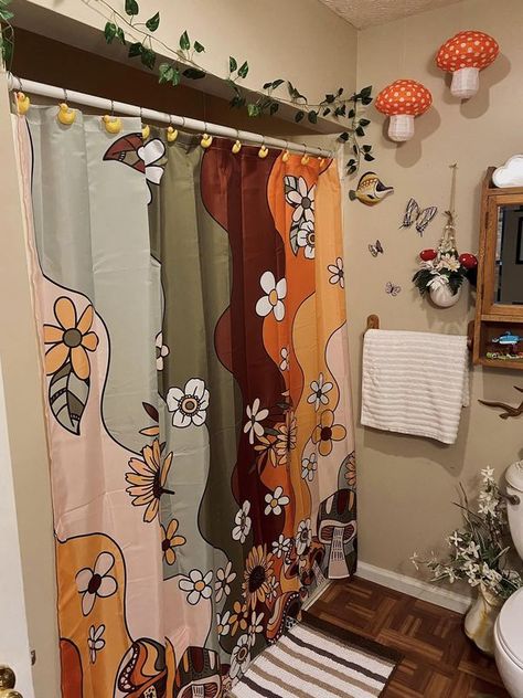 Viral Baby Products Small Bathroom Inspo Boho, Bathroom Decor Inspiration Bohemian, Retro Boho Bathroom, Groovy Bathroom Aesthetic, Fairy Themed Bathroom, 70s Theme Bathroom, 70s Aesthetic Bathroom, Mushroom Themed Bathroom, 90s Bathroom Aesthetic