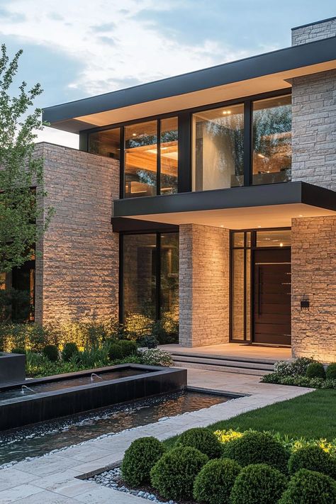 Front entrance of a modern minimalist house facade with natural stone cladding the front yard features a zen garden with a fountain. Check out how these stunning modern houses create peaceful and strikingly Zen havens with their tranquil exterior designs. Modern Cladding Ideas, Stone And Cladding Exterior, Zen House Exterior, Minimalist Exterior House, Contemporary House Exterior Kerala, Cladding House Exterior, Mid Century House Exterior, Modern Facade Design, Modern Contemporary Exterior