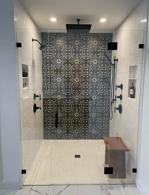 Double Head Shower Ideas Master Bath, Double Shower With Rain Head, Three Shower Heads Master Bathrooms, Tile Shower Double Head, Corner Shower Double Head, Multiple Shower Heads Walk In, Duel Head Shower Ideas, Vintage Walk In Shower Ideas, Walk In Shower With Double Shower Heads