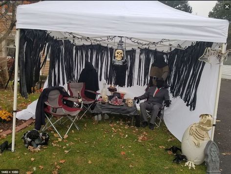 Diy Halloween Tent Decor, Halloween Tent Decorations, Diy Haunted House Tent, Ez Up Tent Decor Halloween, Canopy Halloween Ideas, Halloween Tent Decorating Ideas Outdoor, Haunted Canopy Tent, Halloween Pop Up Tent Decorating Ideas, Halloween Party Tent Decorations