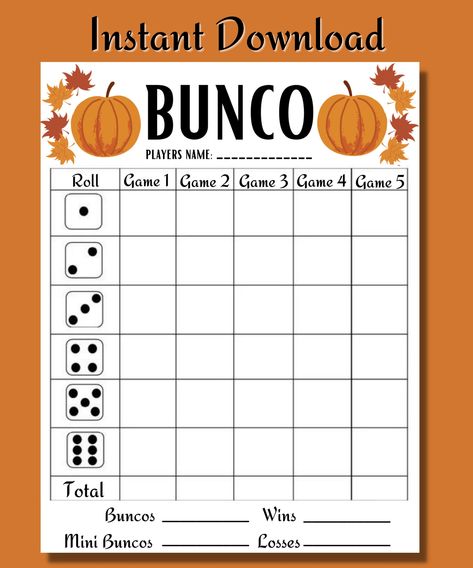 This is a Fall BUNCO Game - Printable BUNCO - Thanksgiving Party Games Printable - Autumn Bunco Score Card Tally Sheet Instructions - Instant download. Bunco is a social, group dice game that requires no skill. Players attempt to roll specific numbers on the dice depending on the round. Roll a 3-of-a-kind during the matching round for a Bunco! After Purchase, you will receive a PDF File that contains: * A link to a video that explains how to play BUNCO * Printable full page Bunco score card * Printable full page Bunco table tally sheet Purchase once, and print as many as you want!! Use the Link provided in the PDF to watch a full instructions video and example of how to play it! PDF is optimized for printing on standard 8.5 x 11 paper Please note that this is an instant download, digital f Bunco Score Sheets Printable Free Halloween, Fall Bunco Score Cards Free, Bunco Score Sheets Printable Free, Friendsgiving Bunco, Bunko Themes, Thanksgiving Bunco, How To Play Bunco, Thanksgiving Party Games, Fall Snack Mixes