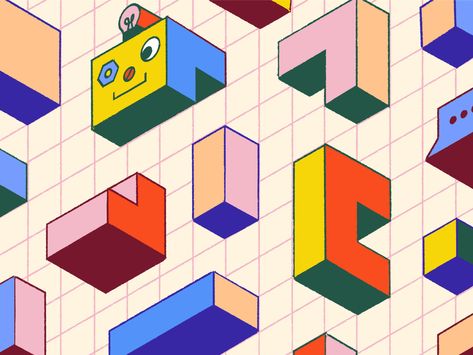 Buildingbots dribbbble 4x Building Blocks Graphic Design, Tetris Illustration, Cube Design Art, Tetris Poster, Building Blocks Design, Interactive Poster, Socks Design, Isometric Drawing, Geometric Pattern Art