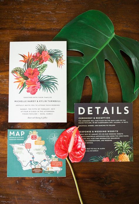 Don't you just love these tropical wedding invitations! Oahu Photography, Waimea Valley, Tropical Wedding Theme, Comer See, Creative Wedding Favors, Wedding Favors And Gifts, Tropical Wedding Invitations, Oahu Wedding, Bridal Guide