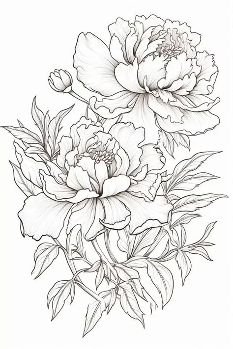 Peony Illustration, Peony Drawing, Flower Line Drawings, Flower Art Drawing, Flower Sketches, Pola Sulam, Floral Drawing, Arte Sketchbook, Coloring Book Art