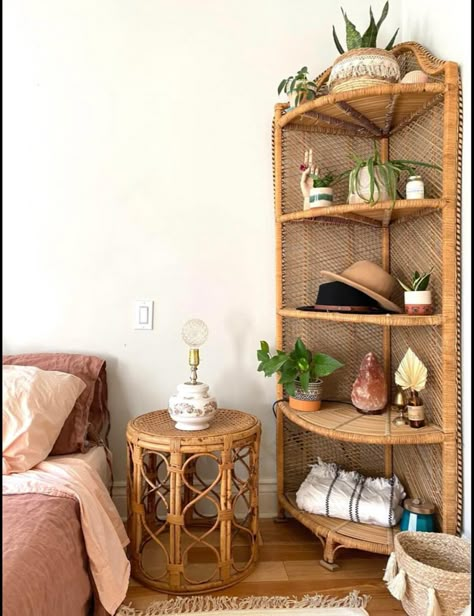 Boho Book Corner, Corner Wicker Shelf, Wicker Corner Shelf, Boho Bedroom Storage Ideas, Boho Storage Ideas, Boho Corner Shelf, Wicker Shelf Styling, Wicker Shelf Decor, High Shelf Decor