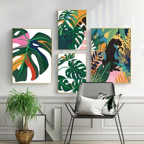 Animals Canvas Painting Koala Jungle Posters and Prints Nordic Monstera Leaf Wall Art Pictures for Living Room Home Decoration - Wallcorners - Decor your Home life Animal Canvas Paintings, Tropical Painting, Wall Canvas Painting, Leaf Wall Art, Animal Canvas, Amazing Art Painting, Wall Art Canvas Painting, Art Painting Acrylic, Living Room Pictures