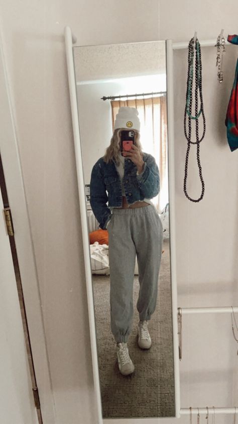 Sweats And Jean Jacket Outfit, Jean Jacket Sweatpants Outfit, Sweatpants And Jean Jacket Outfit, Jean Jacket With Sweatpants, Jean Jacket And Sweatpants, Outfits With Sweats, Outfit Sweatpants, Sweatpants Outfit, Jean Jacket Outfits