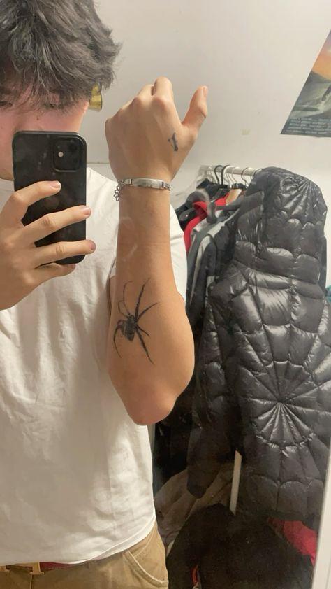 Spider Tattoo Back Of Arm, Insect Tattoo Men, Spider On Arm Tattoo, Spider Tattoo On Elbow, Spiderman Forearm Tattoo, Cool Dainty Tattoos, Vlone V Tattoo, Small Tats Men, Skeleton Tattoo Forearm