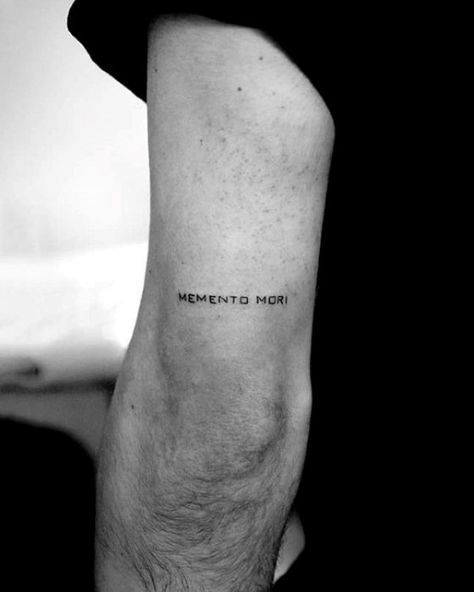 60 Back Of Arm Tattoo Designs For Men - Cool Ink Ideas Small Body Tattoos Men, Memento Mori Tattoo, Latin Tattoo, Family First Tattoo, Tricep Tattoos, Wörter Tattoos, Back Of Arm Tattoo, Simple Tattoos For Guys, Men Tattoos