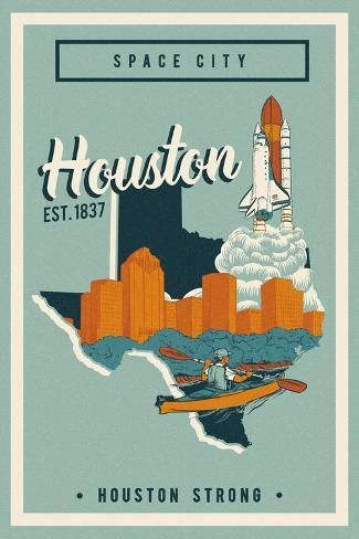 size: 18x12in Art Print: Houston, Texas - Urban Traveler - Lantern Press Artwork by Lantern Press : Houston Design, Office Mural, Houston Art, Texas Art, Graphic Design Packaging, Travel Locations, Vintage Travel Posters, Houston Texas, Poster Board