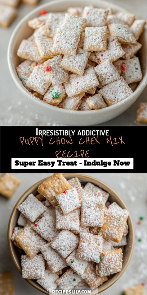 I'm excited to share my super easy Puppy Chow Chex Mix recipe! This treat is utterly addictive – perfect for snacking or sharing at parties. With its sweet, crunchy goodness and festive sprinkles, it’s a crowd-pleaser. Indulge now and enjoy every crunchy bite! Chex Puppy Chow Recipe, Easy Puppy Chow, Puppy Chow Chex Mix, Puppy Chow Chex, Chex Mix Recipes Sweet, Gluten Free Chex, Food For Summer, Puppy Chow Chex Mix Recipe, Chex Mix Puppy Chow