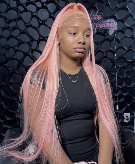 Straight Frontal Wig Hairstyles, Pink Frontal Wig, Pink Wigs For Black Women, Lace Front Weave, Bday Hairstyles, Pink Hair Wig, Colored Human Hair Wigs, Wig Installs, Light Pink Hair