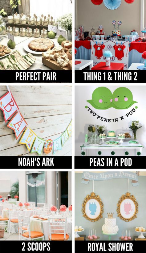 Baby Shower Themes for Twins Twin Themed Food, Twin Gender Reveal Ideas For Party Theme, Gender Reveal Themes For Twins, Twin Babyshowers, Twins Sprinkle Ideas, Twin Baby Shower Ideas Boy And Girl Themes, Twin Boys Baby Shower Themes, Dual Baby Shower Ideas, Twin Sprinkle Shower Ideas