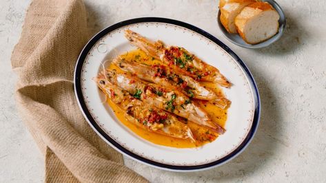 Adam Liaw's grilled prawns with harissa butter Harissa Prawns, Harissa Butter, Spicy Chilli, Grilled Prawns, Sbs Food, Chilli Paste, Small Food Processor, Coriander Seeds, Just Cooking