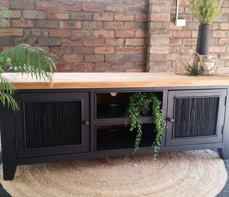 🌵Low line TV Unit 🌵SOLD Finished in Black, Natural Solid Timber top and my Signature  Bamboo Design inserts @inspiredbycoastal… Black And Oak Tv Unit, Tv Cabinet Painting Ideas, Upcycle Entertainment Unit, Black Painted Tv Cabinet, Upcycled Tv Cabinet Ideas, Refurbished Tv Stand Diy, Upcycled Furniture Tv Unit, Renovated Tv Cabinet, Tv Unit Refurbish