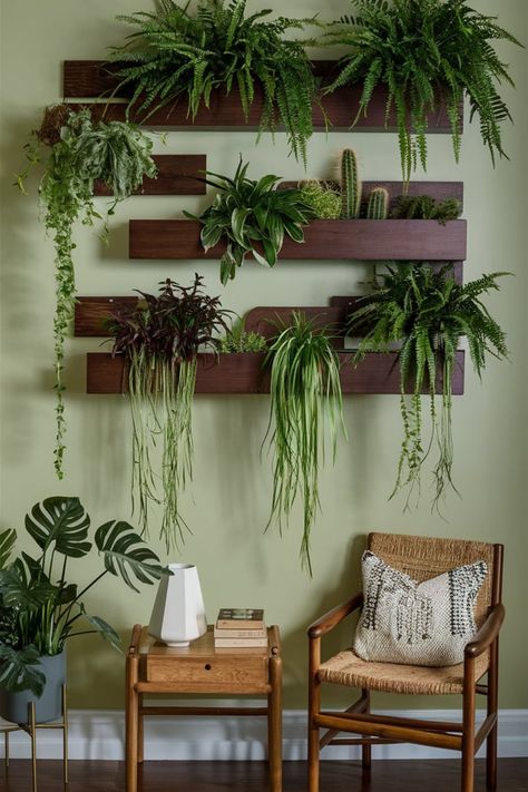 Craft a unique plant wall with wooden shelves filled with cascading greenery and desert cacti. Perfect for adding texture, color, and a touch of nature to your space. #LivingWallDesign #BohoGreenery #PlantWallIdeas #HomeDecorTrends #WoodenShelves #IndoorJungle #EcoFriendlyDecor #FernsAndCacti #GreenInteriorStyle #BohemianLiving Plant Wall Entryway, Plants Against Wall, Living Room Plant Wall, Plant Wall Ideas Indoor, Living Plant Wall, Living Wall Diy, Wall Plants Indoor, Herb Garden Wall, Plant Walls