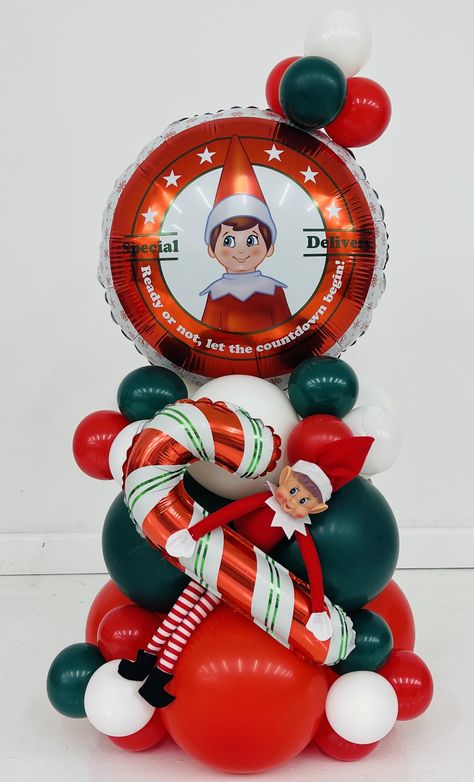 Elf Arrival Balloon Ideas, Elf Balloon Ideas, Elf On The Shelf Balloon Arrival, Baby Shower Girl Diy, Balloon Arrangement, Balloon Business, Elf Arrival, Holiday Balloons, Balloon Box