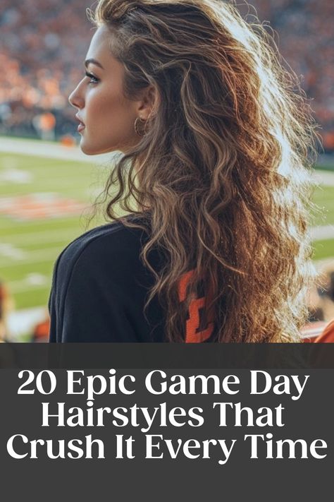 Woman with curly hair standing sideways at a sports field, captioned “20 Epic Game Day Hairstyles That Crush It Every Time.” Baseball Hairstyles For Women, Football Hairstyles Women, Game Day Hairstyles Football College, Football Game Hairstyles, Game Day Hairstyles, Game Hairstyles, Football Hairstyles, Cute Fall Hairstyles, Football Hair