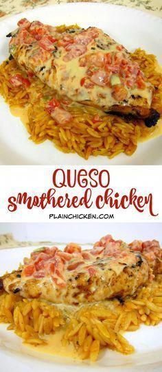 Queso Smothered Chicken, Chicken Smothered, Smothered Chicken, Plain Chicken, My Plate, Chicken Main Dishes, Poultry Recipes, Tex Mex, Orzo