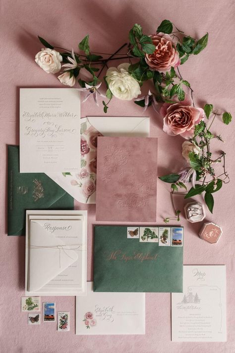 Velvet pink and green wedding invitation by Coqui Paperie Photo by The Paper Elephant Fall Wedding Pink And Green, Eucalyptus Green And Pink Wedding, Evergreen And Blush Wedding, Dusty Rose Green Wedding, Green And Pink Wedding Table Decor, Mauve And Green Wedding Theme, Wedding Color Schemes Green And Pink, Pink And Sage Green Wedding Theme, Dusty Pink And Green Wedding Theme