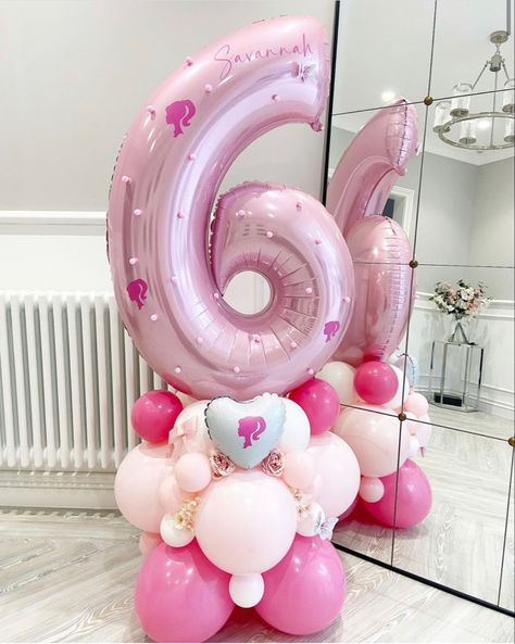 Birthday Decoration Barbie Theme, Custom Barbie Outfit, Barbie Birthday Balloon Garland, Barbie Party Balloons, Barbie Balloon Centerpiece, Barbie Birthday Balloons, Barbie 6th Birthday Party Ideas, Barbie Themed Birthday Party Decor Table Settings, Barbie Balloon Bouquet