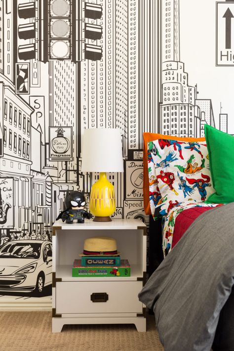 7 of The Cutest Big Boy Rooms Inspiring Me Right Now | This is our Bliss Super Hero Kids Room, Superhero Bedroom, Superhero Room, Chrysler Building, Boys Bedroom Decor, Toddler Bedrooms, Sticker Mural, Big Boy Room, Boys Bedrooms