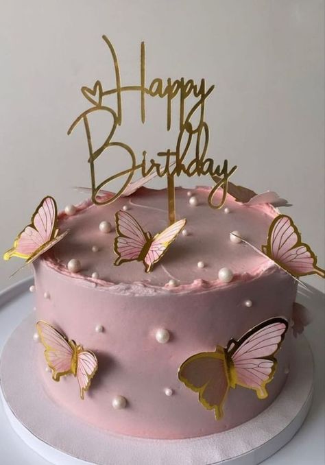 Butterfly And Pearls Cake, Simple Cake With Butterflies, Birthday Cake For Women Butterfly, Pink And Purple 18th Birthday Party, Cute Birthday Decorations For Women, 21 St Birthday Decoration Ideas, Birthday Cake Women Simple, Birthday Cake Aesthetic Butterfly, Simple Butterfly Cake Designs