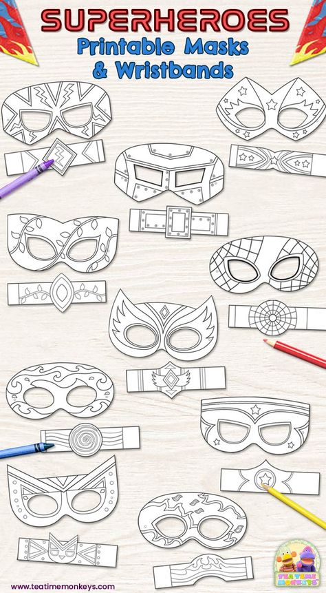 **IN STORE** Kids will love these printable superhero masks to colour and decorate! Complete with matching power wristbands! Includes 10 original designs. Superhero Art Projects For Preschool, Superhero Masks Diy, Superhero Masks Printable, Superhero Mask Design Ideas, Super Hero Mask Template Free Printable, Superhero Theme Preschool Activities, Super Hero Arts And Crafts, Superhero Mask Template Free Printables, Printable Masks For Kids Free