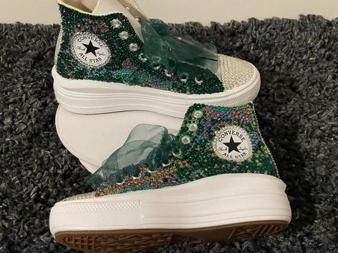 Quince Shoes Sneakers, Quince Sneakers, Tiana Quince, Shoes Quinceanera, Quince Shoes, Bedazzled Converse, Green Quinceanera Theme, Pearl Sneakers, Quinceanera Shoes