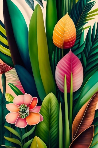 Premium Photo | A painting of tropical plants and flowers. Tropical Plant Painting, Tropical Plants And Flowers, Plant Painting, Tropical Flower, Image Icon, Tropical Art, Plants And Flowers, Event Food, Card Banner