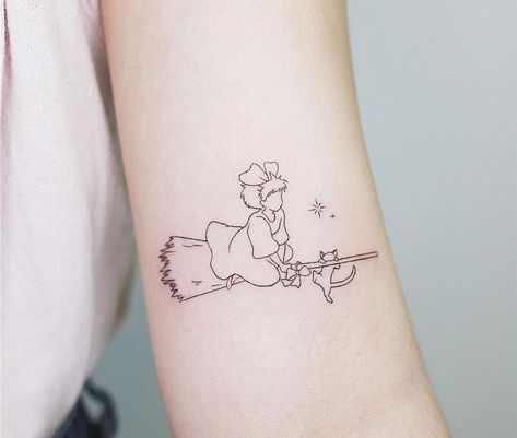 Minimalist Studio Ghibli Tattoo, Kiki's Delivery Service Tattoo Ideas, Studio Ghibli Tattoos Kikis Delivery Service, Fine Line Ghibli Tattoo, Studio Ghibli Tattoo Kiki, Tiny Studio Ghibli Tattoo, Long Horizontal Tattoo, Witch Core Tattoos, Kiki's Delivery Service Tattoos