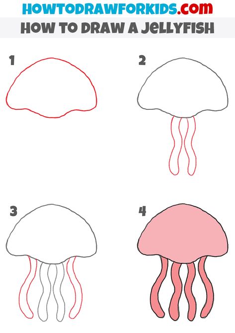 How To Draw A Starfish Step By Step, Cute Jellyfish Drawing Easy, Drawing An Octopus, Easy To Draw Sea Creatures, Jelly Fish Drawing Ideas, How To Draw Kindergarten Step By Step, Under The Sea Drawing Easy, How To Draw Sea Animals, Simple Jellyfish Drawing