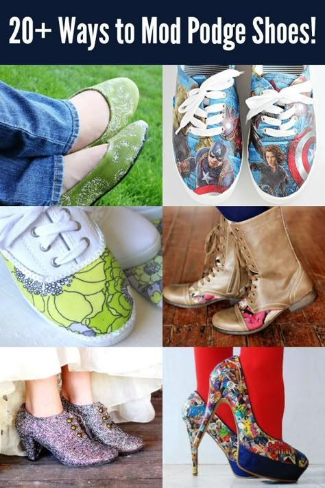 Mod Podge shoes are a fun way to revamp your wardrobe on a budget. Here are 20 inspirational ideas using glitter, fabric, paper, and more – pick your favorite DIY decoupage shoes project and get crafty! You're going to love these awesome tutorials. Diy Fabric Shoes, Mod Podge Shoes, Fabric Covered Shoes, Decoupage Shoes, Upcycle Shoes, Mod Podge Fabric, Diy Mod Podge, Diy Decoupage, Shoe Refashion