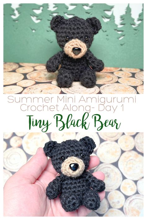 Day 1 of the camping themed Summer Mini Amigurumi Crochet Along with 5 Little Monsters is a Tiny Black Bear. This little black bear sits about 3" tall. The first of 12 camping themed mini amigurumi projects that will be part of this crochet along. Grizzly Bear Amigurumi Free Pattern, Small Crochet Bear Pattern, Crochet Grizzly Bear Pattern Free, Mini Crochet Teddy Bear, Tiny Crochet Amigurumi, Crochet Black Bear Pattern, Crochet Grizzly Bear, Tiny Bear Crochet Pattern Free, Crochet Small Bear Pattern Free