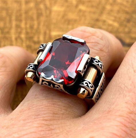 Ruby Ring Men Red Stone Silver Men Ring Turkish Handmade - Etsy Ruby Ring For Men, Ruby Ring Men, Mens Gold Diamond Rings, Ruby Stone Ring, Ruby Silver Ring, Rings 2023, Star Ruby Ring, Red Stone Ring, Silver Men Ring