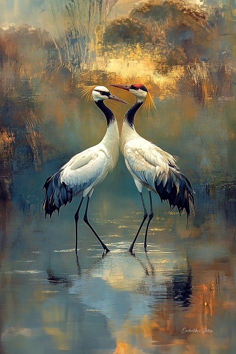 Crane Canvas, Japanese Crane Painting, Sand Crane Painting, Dancing Cranes Painting, Korean Crane Art, Display Frames, Magnetic Frames, Eclectic Art, Still Water